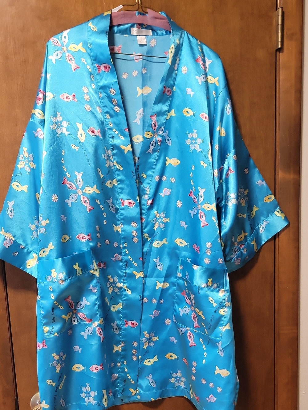 Vintage Turquiose Satin Robe Kimono Fish Design OS